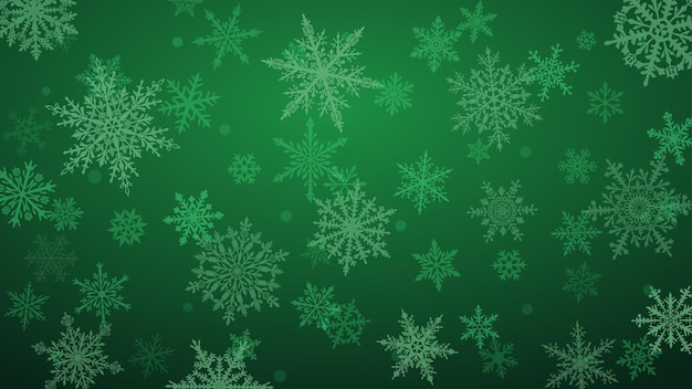 Christmas background with various complex big and small snowflakes in green colors