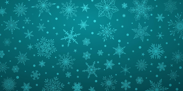 Sfondo di natale con vari fiocchi di neve grandi e piccoli complessi, in colori blu chiaro