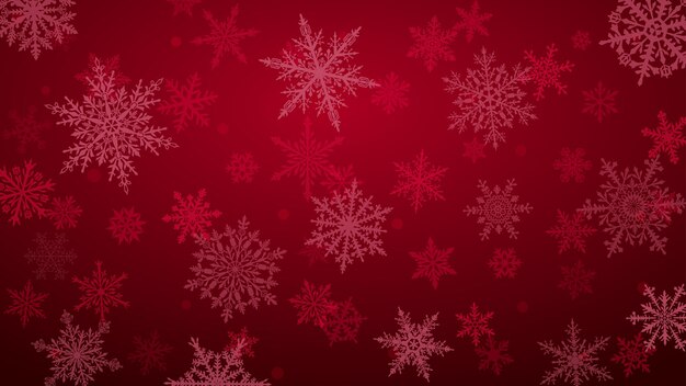 Christmas background with various complex big and small snowflakes in red colors