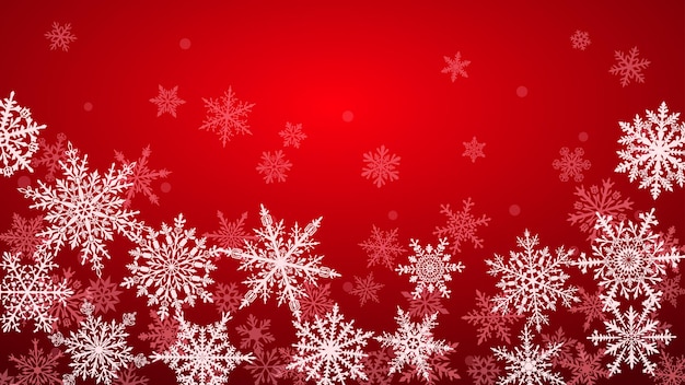 Christmas background with various complex big and small snowflakes in red colors