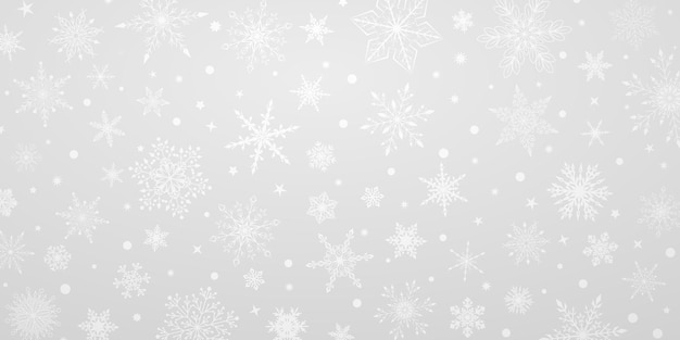 Sfondo natalizio con vari fiocchi di neve grandi e piccoli complessi, nei colori bianco e grigio