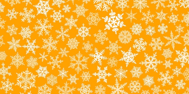 Sfondo natalizio con vari fiocchi di neve grandi e piccoli complessi, bianco su giallo