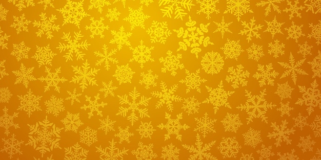 Christmas background with various complex big and small snowflakes in yellow colors