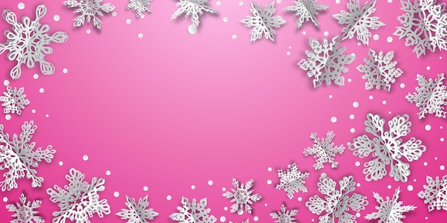 ピンクの背景に柔らかい影とボリューム紙の雪の結晶のクリスマスの背景