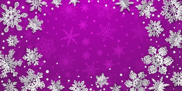 Sfondo di natale con fiocchi di neve di carta volume con ombre morbide su sfondo viola