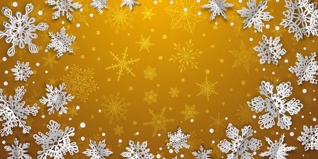 노란색 배경에 부드러운 그림자가 있는 볼륨 종이 눈송이가 있는 크리스마스 배경