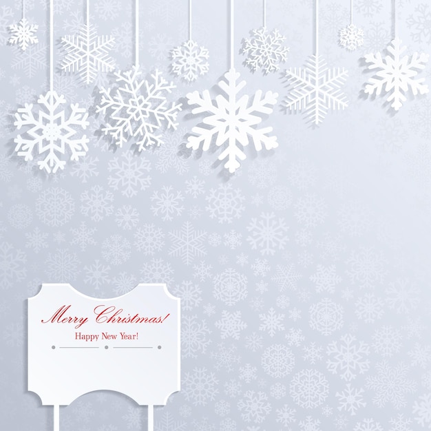 Christmas background with white snowflakes and frame with inscription