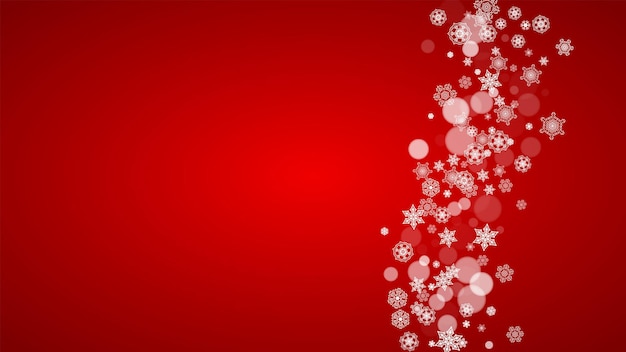 Christmas background with white snowflakes on red background. Santa Claus colors. New Year and Christmas background for party invitation, banner, gift card, retail offer. Horizontal winter backdrop