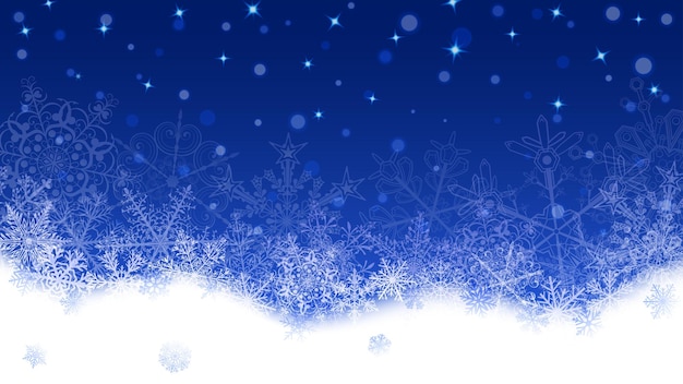 Vettore sfondo di natale con fiocchi di neve bianchi e cumuli di neve su sfondo blu fiocchi di neve che cadono illustrazione vettoriale di natale di bellissimi fiocchi di neve grandi e piccoli