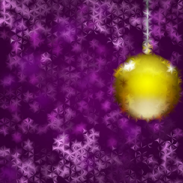 ベクトル クリスマスの背景に黄色のクリスマス ボール、溝付きガラスの後ろに紫の雪片
