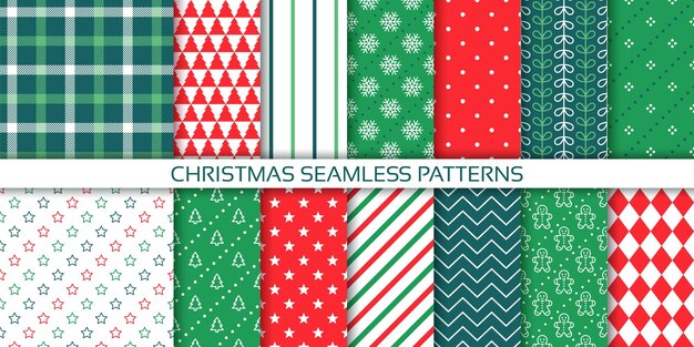 Vector christmas backgrounds xmas seamless pattern holiday wrapping paper set green red wallpaper prints