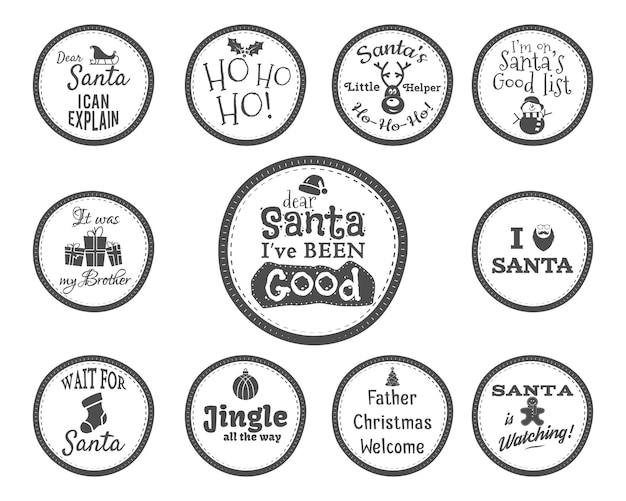 Vector christmas badge and design elements with funny signs quotes for kids monochrome new year labels