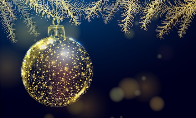 Palla di natale e rami di albero di natale banner di capodanno wireframe astratto moderno 3d illustrazione vettoriale su sfondo blu