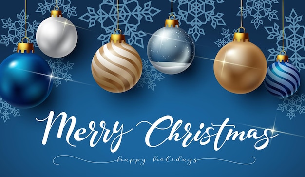 Christmas ball hang vector background design. Merry christmas text with xmas balls hanging.