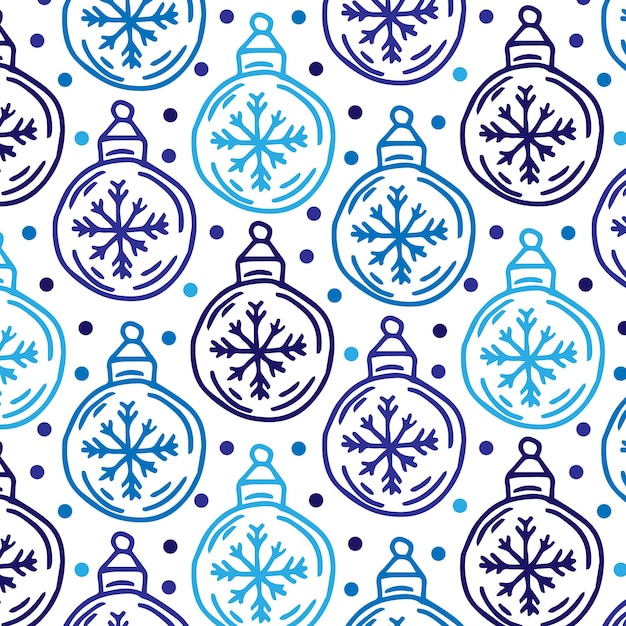 눈송이와 공의 파란색과 빈티지 스타일의 크리스마스 공 원활한 패턴
