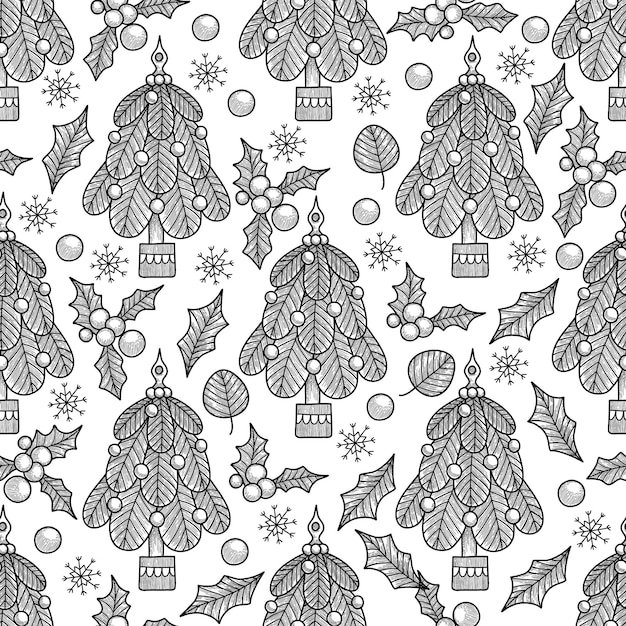 Christmas ball tree seamless pattern. Vector illustration for your holiday design. Fir tree xmas decoration with berry branch.