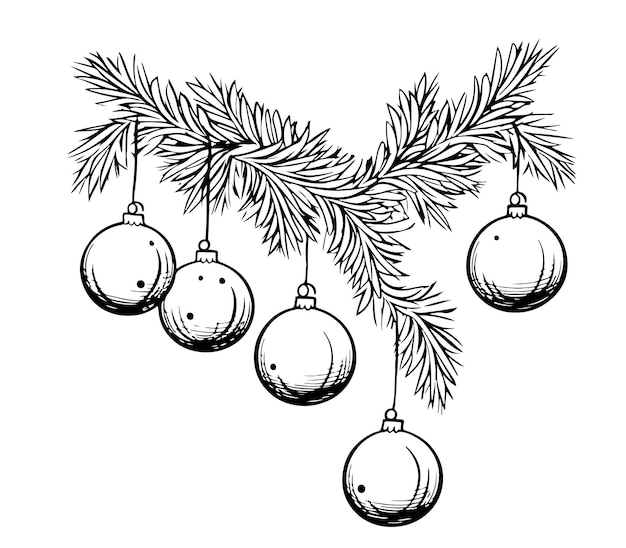 Vector christmas balls on the branch hand drawn sketch symbol of christmas and new year