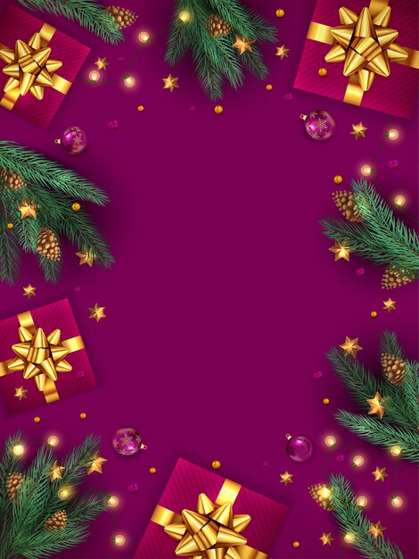 Christmas balls, holiday gifts with golden bow, fir tree branches, pine cones and shiny stars on purple background. Illustration can be used for Christmas design, posters, cards, websites and banners.