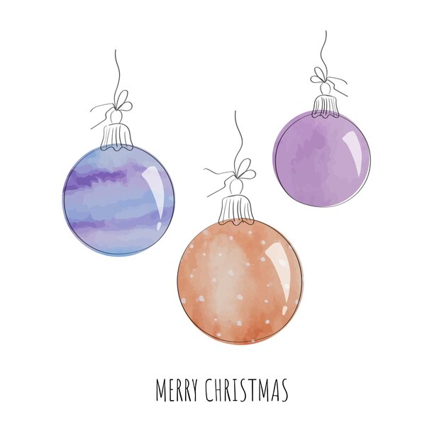 ベクトル 白い背景の上のクリスマス ボール 水彩スケッチ ミニマルなデザイン テキスト付きグリーティング カード