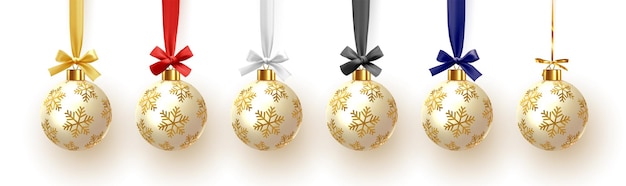 Christmas balls on a ribbon. Decoration Christmas balls baubles realistic design. vector illustration