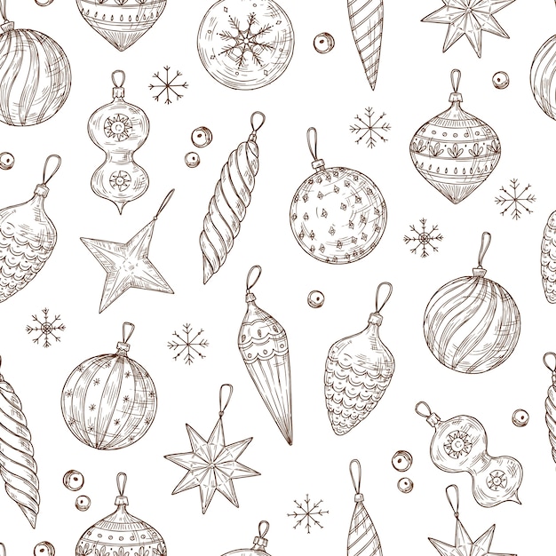 Christmas balls seamless pattern. Xmas tree decorations and snowflakes. Winter holidays, new year vector hand drawn textile texture