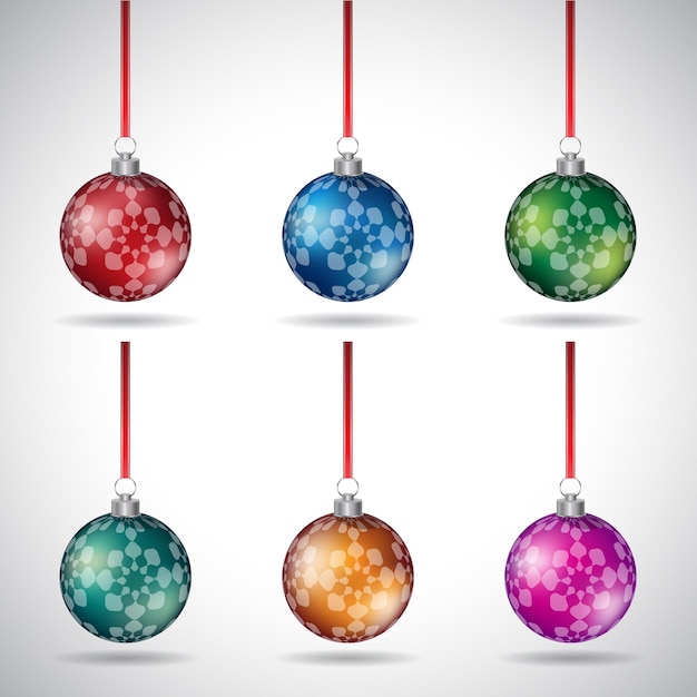 Christmas Balls with Abstract Flower Design and Red Ribbon Vector Illustration
