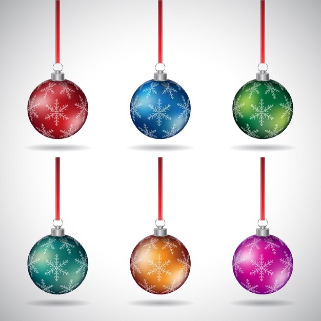 Vector christmas balls with snowflake design and red ribbon style 1 vector illustration