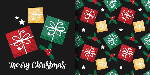 크리스마스 배너와 선물 상자 별과 홀리 베리 가지의 원활한 패턴