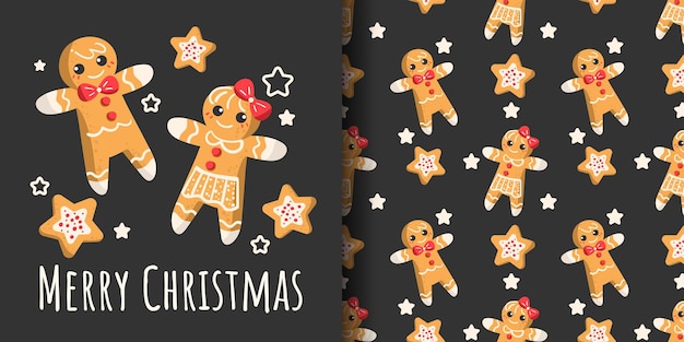 Рождественский баннер и бесшовные модели имбирного хлеба в форме мальчика и девочки