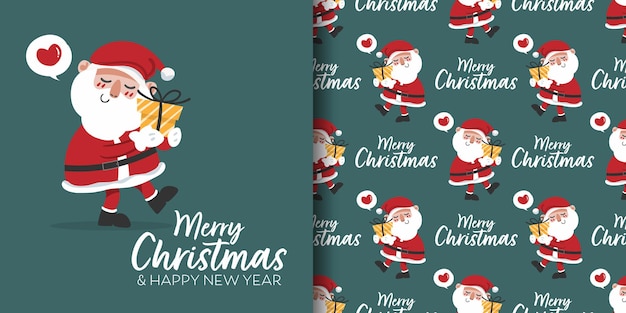 크리스마스 배너와 산타클로스의 매끄러운 패턴은 선물 상자를 들고