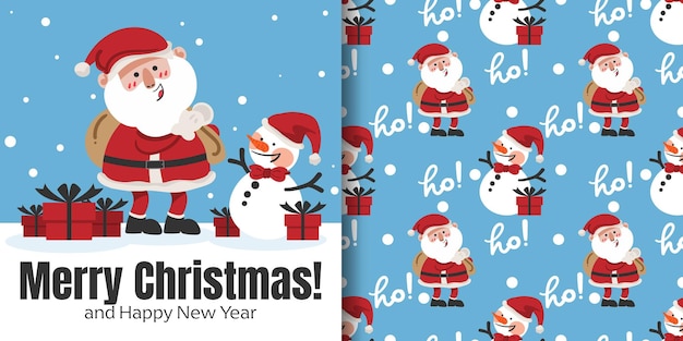 크리스마스 배너와 선물 상자와 눈사람이 있는 산타클로스의 매끄러운 패턴