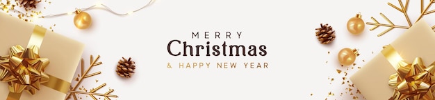 크리스마스 배너입니다. 현실적인 선물 상자, 금색 눈송이, 반짝이는 금색 색종이 조각이 있는 반짝이는 조명 화환의 배경 Xmas 디자인. 수평 크리스마스 포스터, 인사말 카드, 헤더 웹사이트