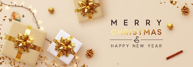 Vector christmas banner. background xmas design of sparkling lights garland, with realistic gifts box, glitter gold confetti. horizontal new year poster, greeting card, header, website. design flat top view