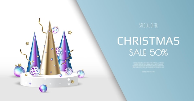 Christmas banner. background xmas design with christmas balls, gold confetti, xmas tree. horizontal new year poster, greeting card, header, website.