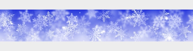 Christmas banner of complex blurred and clear snowflakes in white colors on blue background With horizontal repetition