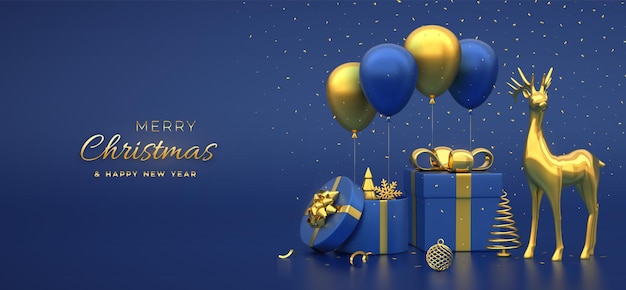 Christmas banner composition from gift boxes with golden bow gold deer metallic pine spruce trees festive helium balloons new year trees balls xmas background header vector 3d illustration