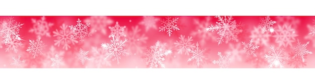 赤の背景に白い色の複雑なぼやけた透明な雪片のクリスマスバナー。水平方向の繰り返しあり