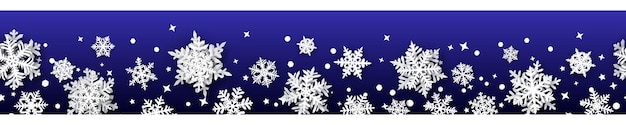 파란색 배경에 흰색 부드러운 그림자가 있는 종이 눈송이의 크리스마스 배너. 원활한 수평 반복으로