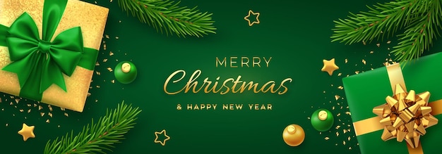 Christmas banner Realistic gift boxes with green and golden bows stars balls pine branches Xmas background horizontal christmas poster greeting cards headers website Vector illustration