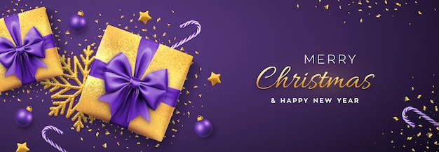 Christmas banner. realistic gold gift boxes with purple bow, gold stars, shiny golden snowflake, balls and candy canes. xmas green background, horizontal poster, greeting card, header website. vector.