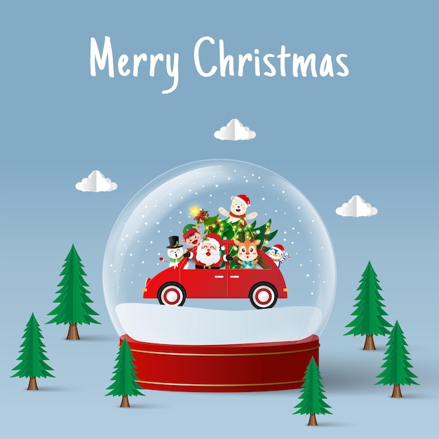 Christmas banner of santa claus and friend in snow globe