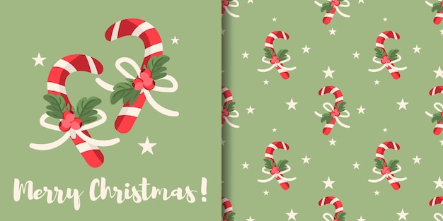 Christmas banner and seamless pattern of candy canes with holly berry branch and stars