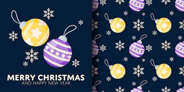 Christmas banner and seamless pattern of Christmas balls on dark blue background with snowflakes