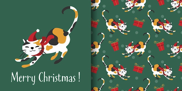 Lo striscione natalizio e il modello senza cuciture di un simpatico gatto indossano un cappello da babbo natale e una sciarpa rossa