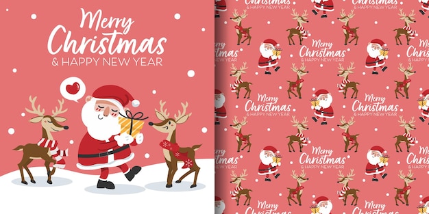 Рождественский баннер и бесшовные модели Санта-Клауса держат подарочную коробку и оленей