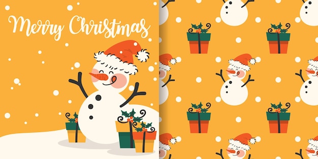 Christmas banner and seamless pattern of snowman wear santa hat and gift boxes