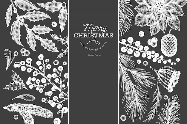 Christmas banner template. hand drawn illustrations on chalk board. greeting card in retro style