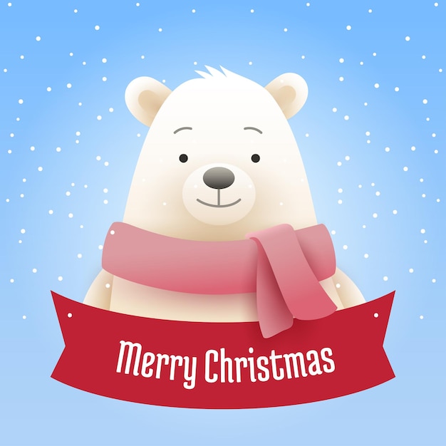 Christmas banner with bear with scarf and Merry Christmas text