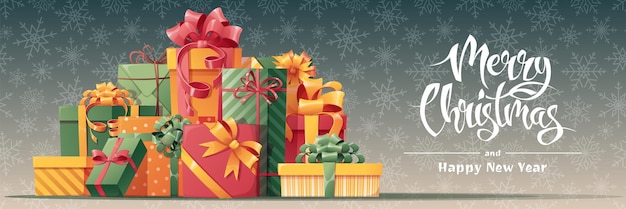 弓とギフト ボックスの束とクリスマス バナー冬の装飾とお祝いクリスマスの背景バナー チラシ ポストカードのベクトル図