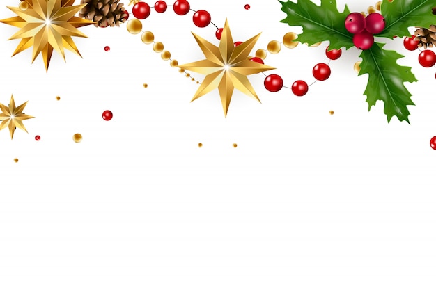 Vettore banner di natale con una composizione di elementi festivi come stella d'oro, bacche, decorazioni per l'albero di natale, rami di pino. cartolina di natale chic. buon natale e felice anno nuovo.
